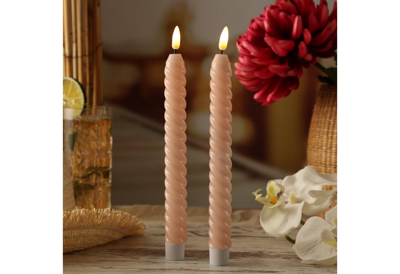 MARELIDA LED-Kerze LED Stabkerzen Twist Tafelkerzen gedreht Echtwachs 25cm Timer rosa 2St, LED Classic, warmweiß (2100K bis 3000K)