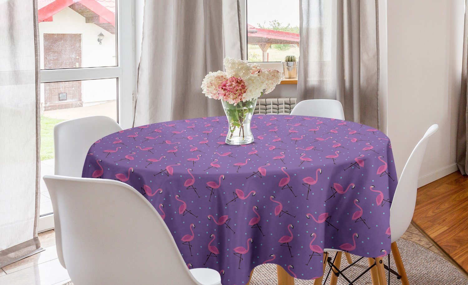 Abakuhaus Tischdecke Kreis Tischdecke Abdeckung für Esszimmer Küche Dekoration, Flamingo Dots Vögel Kinder Mädchen