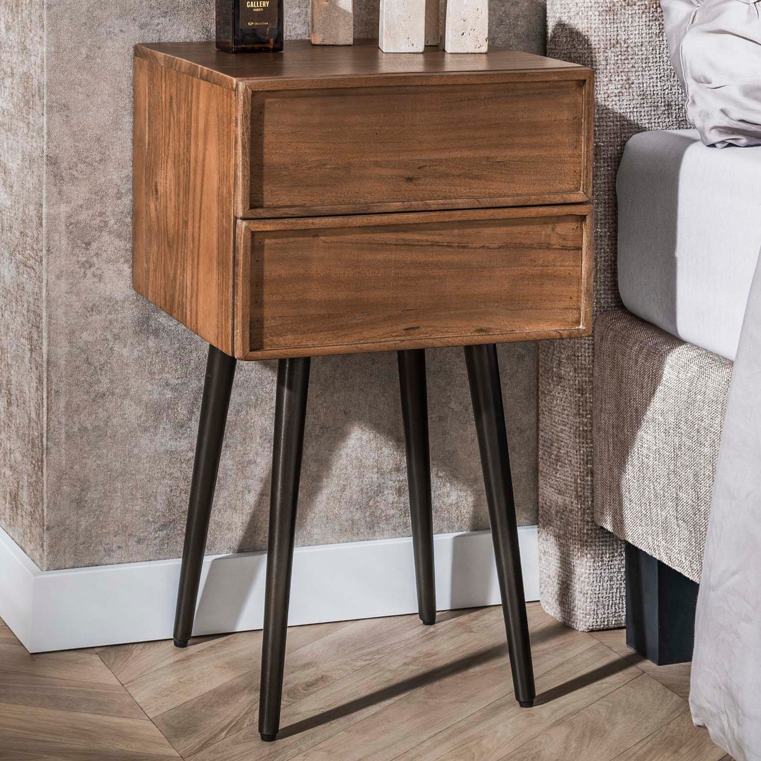 alesvelt Nachttisch FRAME DRIFTWOOD Massivholz-Konsole mit 2 Schubladen & Bronze-Gestell (1-Tisch), 35x35x61cm, Akazienholz