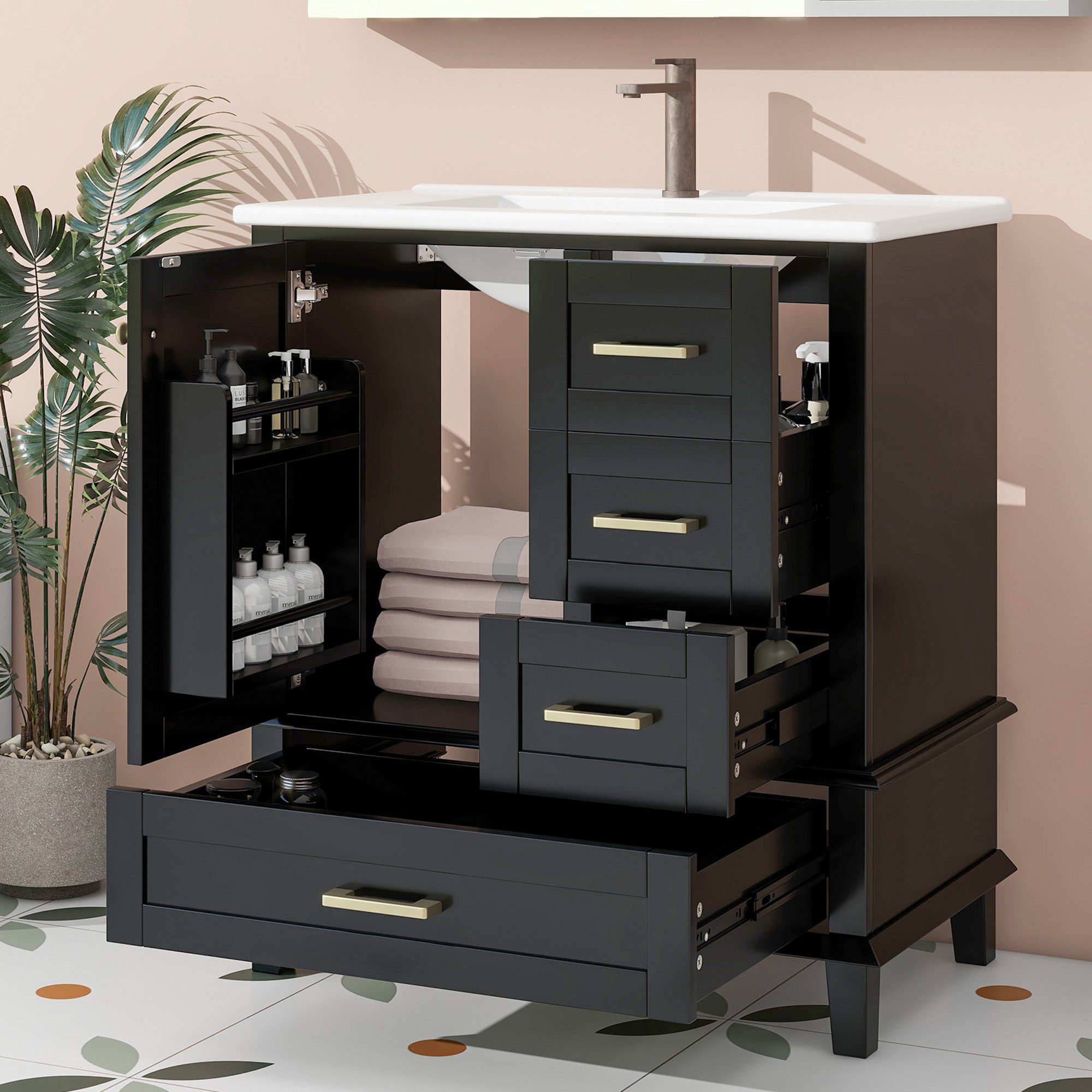 Fine Life Pro Waschbeckenschrank Badezimmerschrank 76×46×83,5 cm • Schwarz • Komplett lackiert