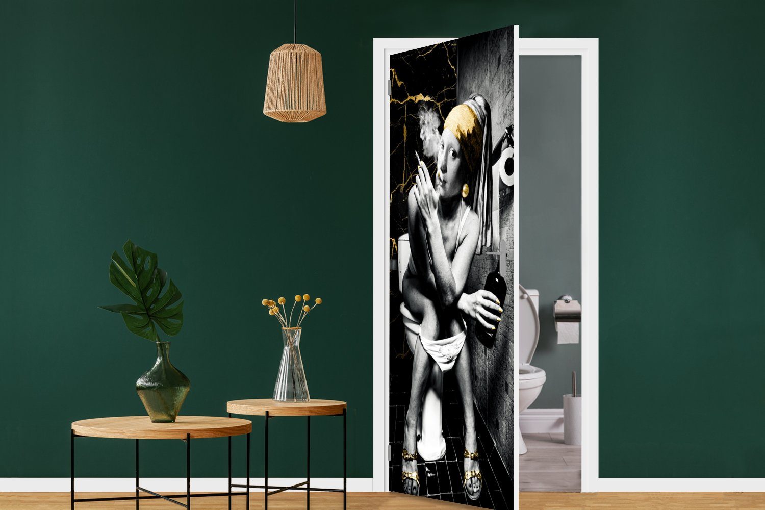 MuchoWow Türtapete Marmoroptik - Türaufkleber, Tür, Toilette St), bedruckt, (1 - Matt, 75x205 Zigaretten für - Fototapete cm Gold, Perlenohrring Mädchen mit 