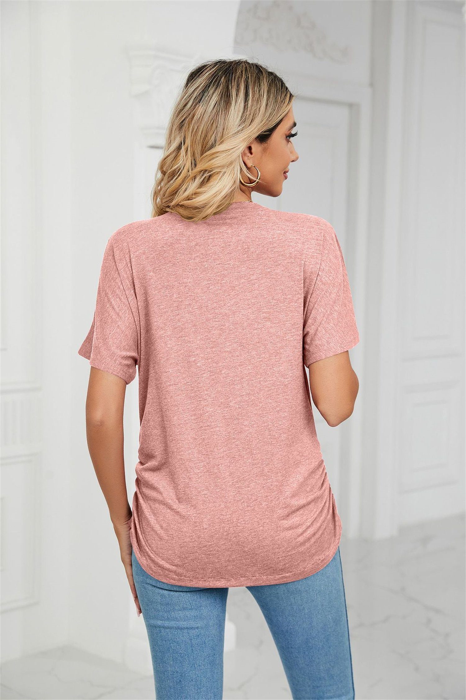carefully selected V-Shirt Damen-T-Shirt, kurzärmelig, Rosa Sommer-Basic-Bluse V-Ausschnitt