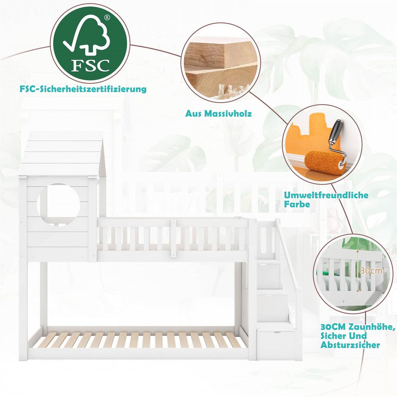 autolock Hochbett Baumhaus Kinderbett,Doppelbett, Kinderbett in Hausform,Leiterschrank Kiefernholz Haus Bett for Kids, 90 x 200 cm, ohne Matratze