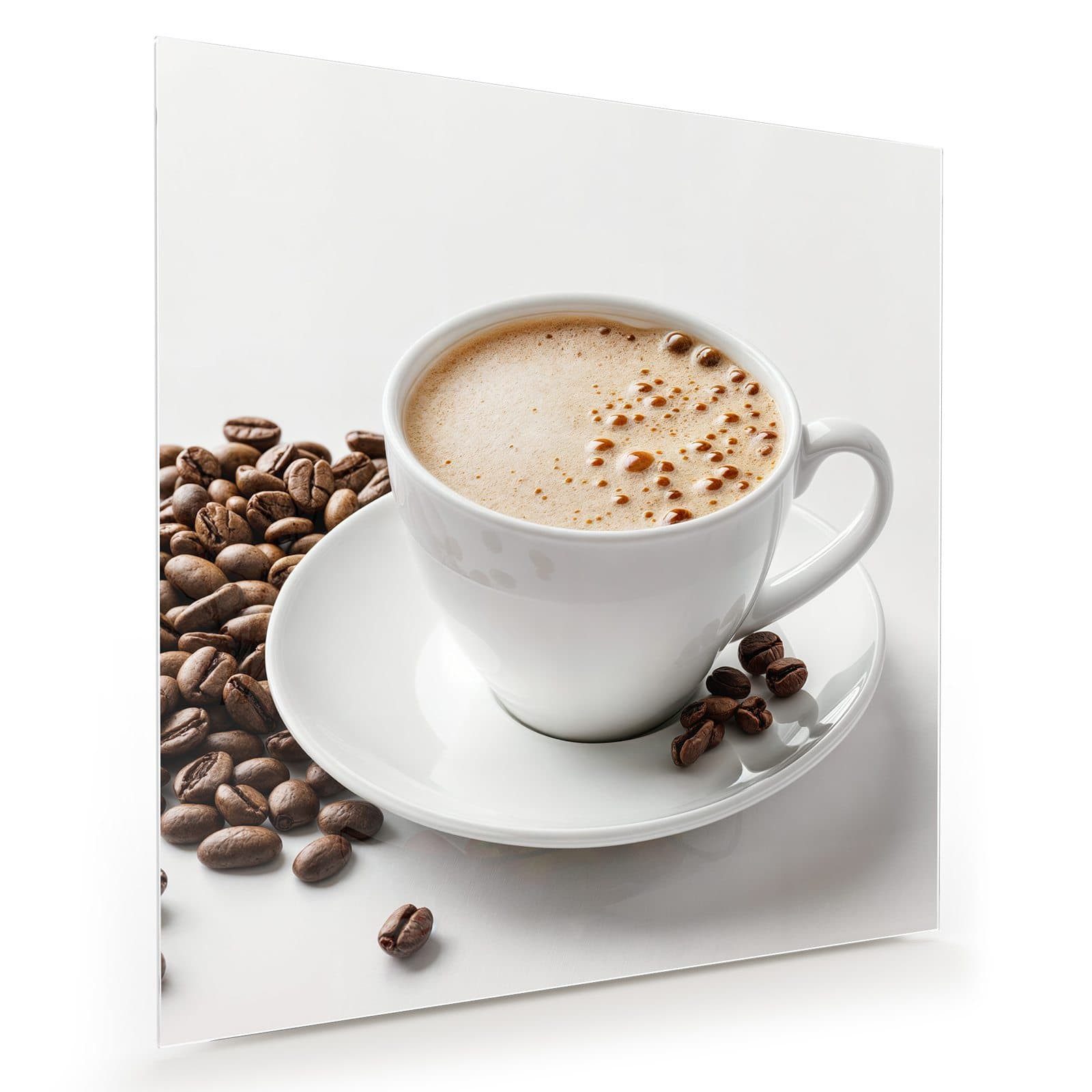 Glasbild Wandbild Quadratisch Kaffeetasse und Bohnen mit Aufhängung