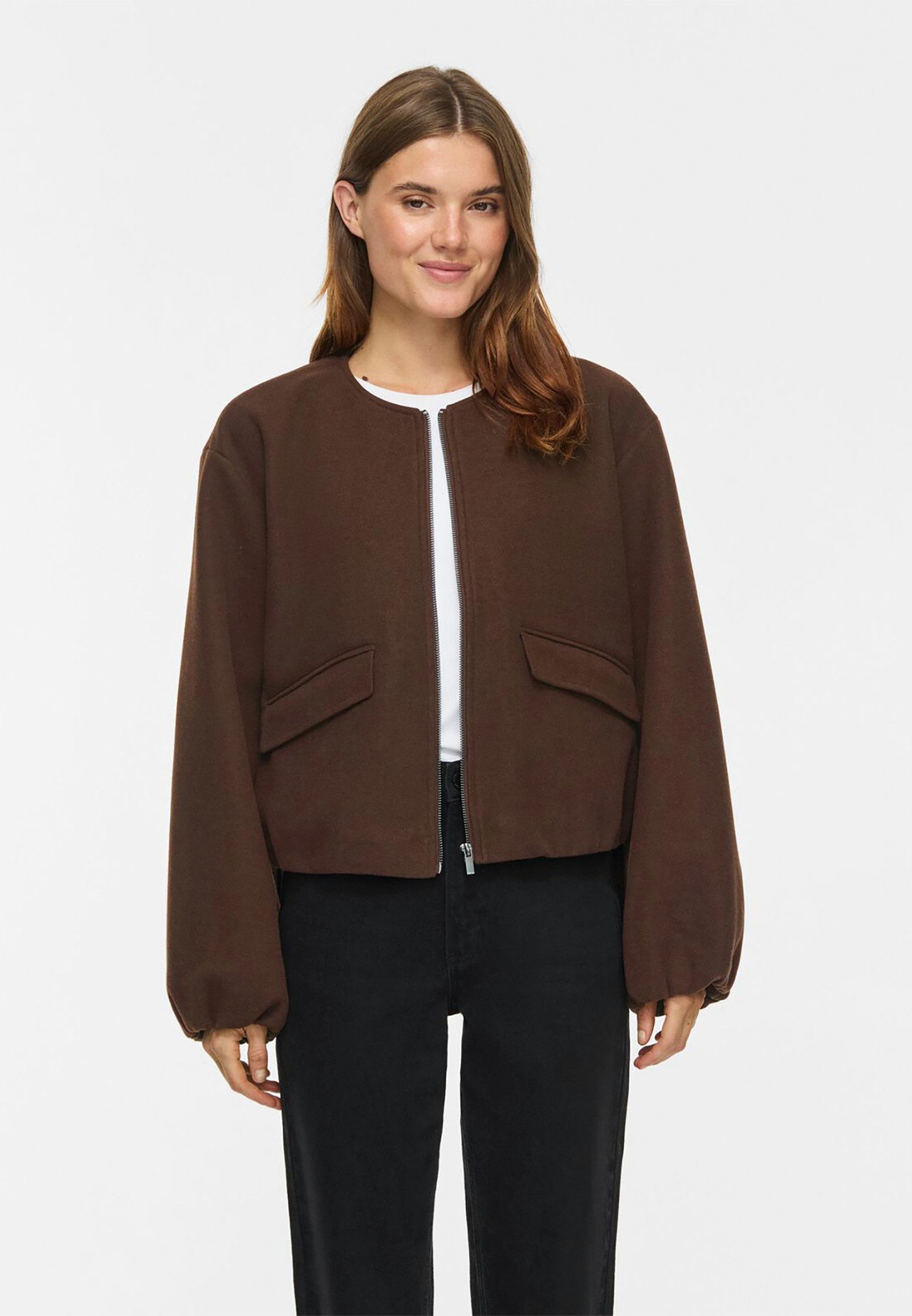 Vila Blouson Rundhals Frontzipper Volumenärmel für Damen (1-St) Recyceltes Material, Nachhaltig, Vordertaschen, Regular Fit