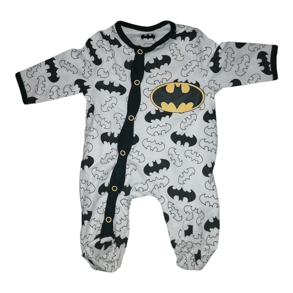 Batman Strampler Batman Baby-Strampler in Weiß-Schwarz, 100% Baumwolle, Gr. 62–92 Logoprint