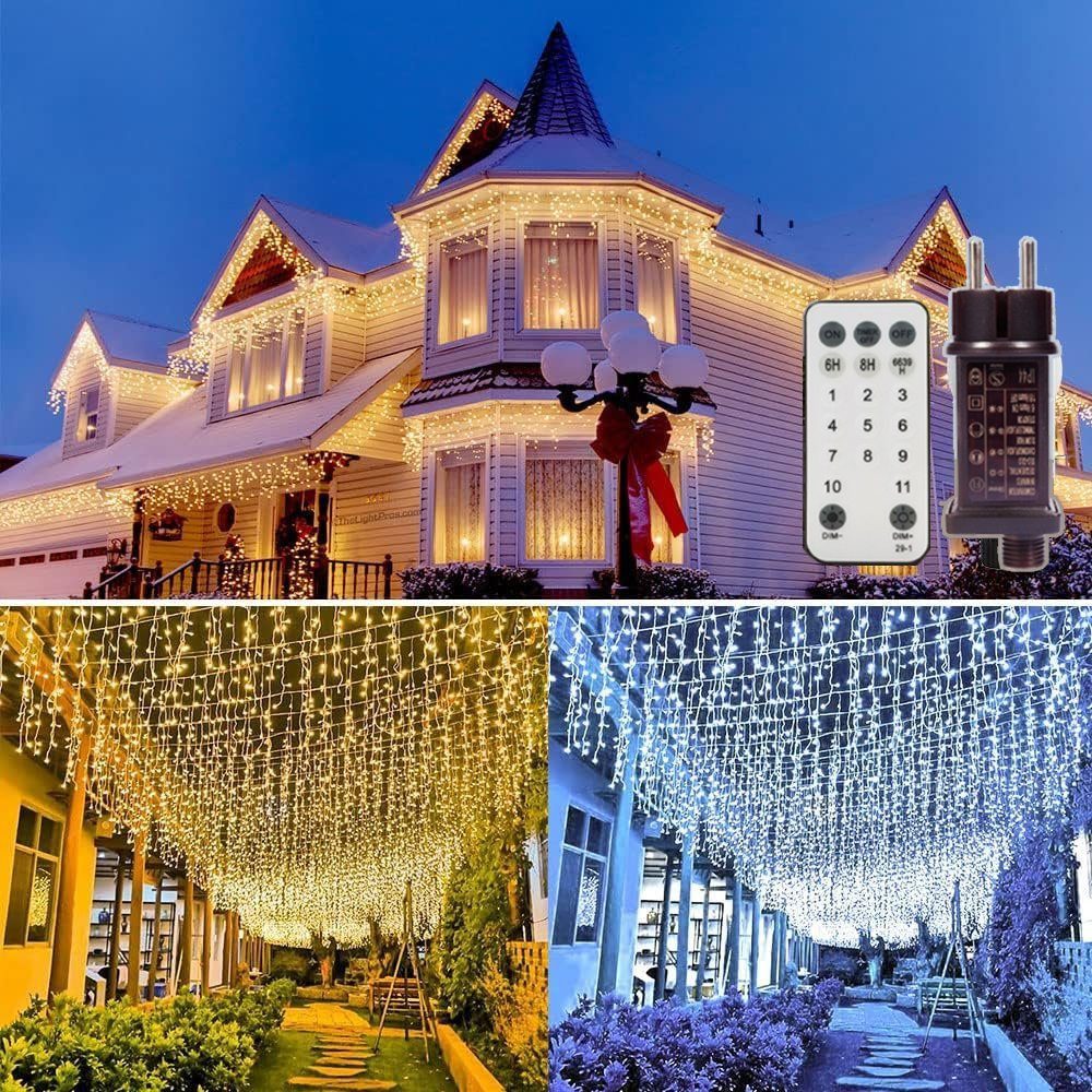 XIIW LED-Lichtervorhang Eisregen Weihnachtsbeleuchtung 10M Lichterkette Dekoleuchte Timer, 11 Modi, Stufenlos Dimmbar Speicherfunktion Anschließbar Warm-Kaltweiß