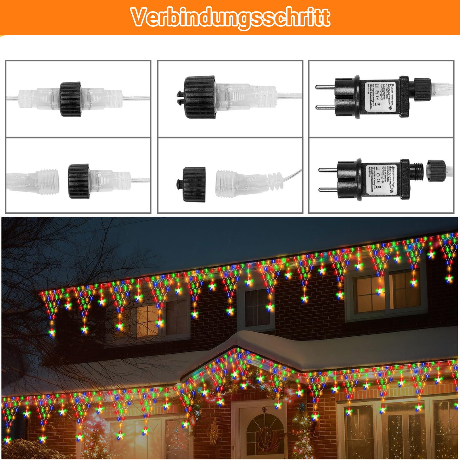 Rosnek LED-Lichtervorhang LED Lichterkette Sterne Weihnachten,LED Lichtervorhang Beleuchtung, Gartenbeleuchtung,für Party Garten Balkon Hochzeit Weihnachten – Bild 4 von 5