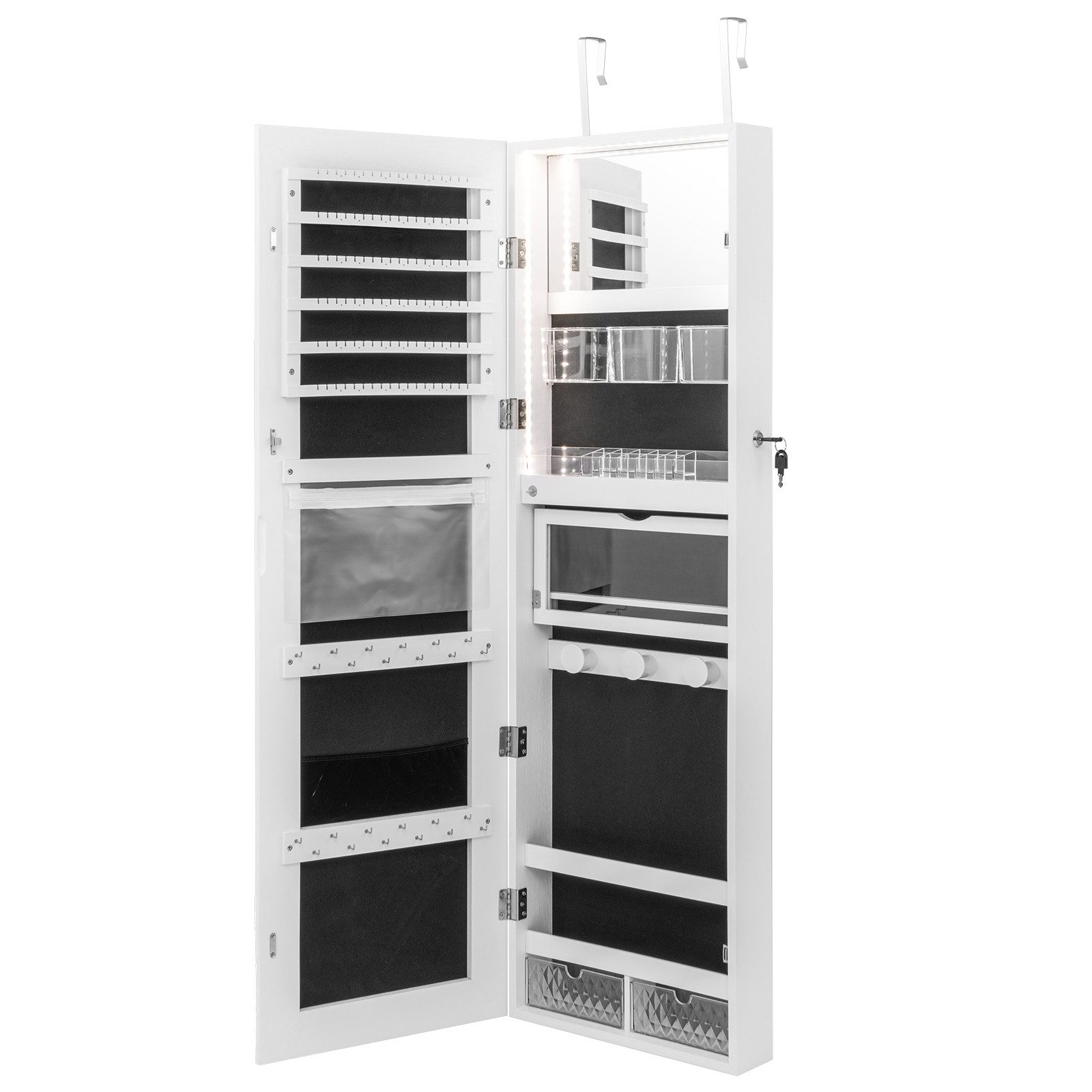 COSTWAY Schmuckschrank mit Spiegel & LED, hängend,abschließbar,37x140cm