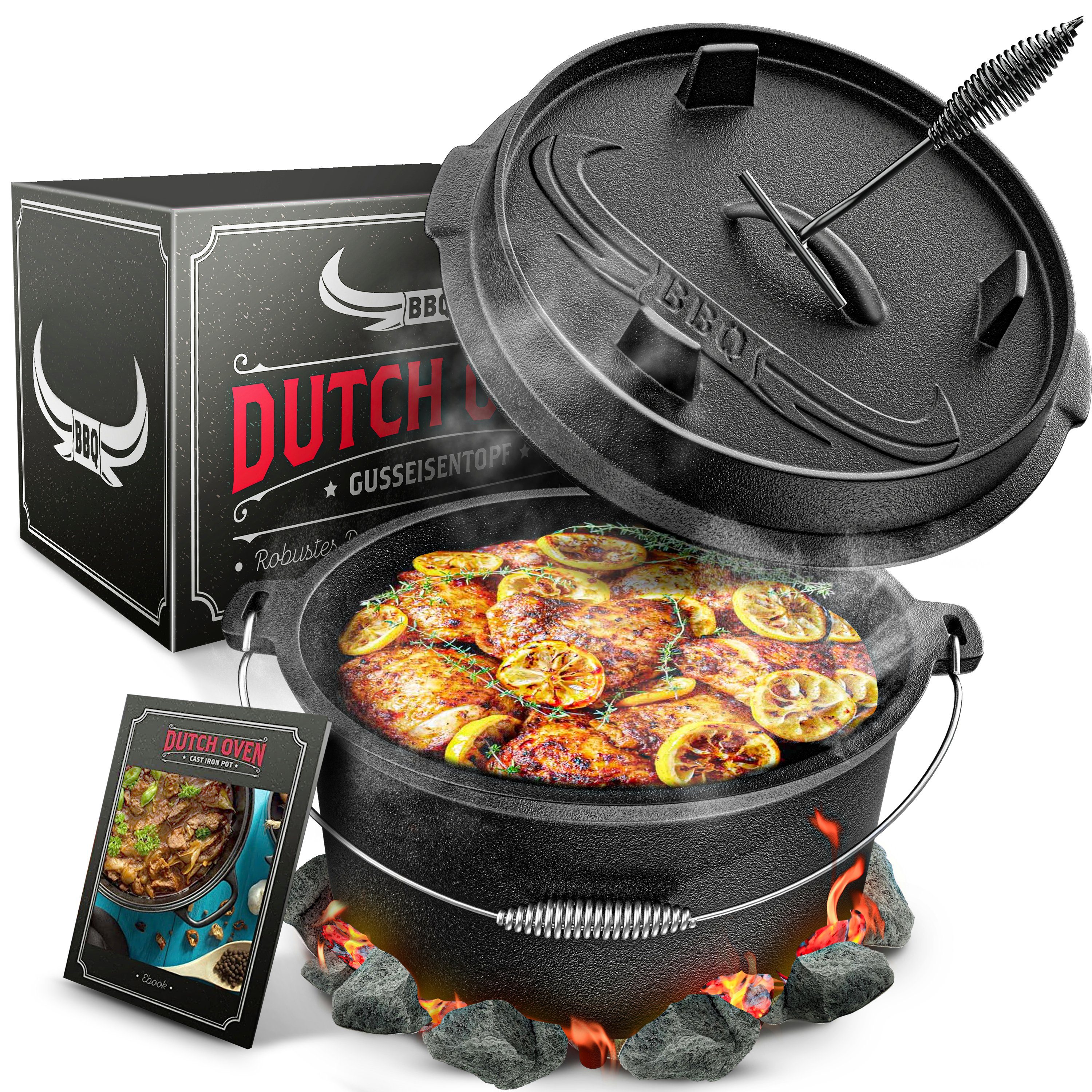 Amandi Feuertopf BBQ Dutch Oven Set [7L] – Eingebrannter Feuertopf aus Gusseisen, Gusseisen, Eingebrannt | Grilltöpfe