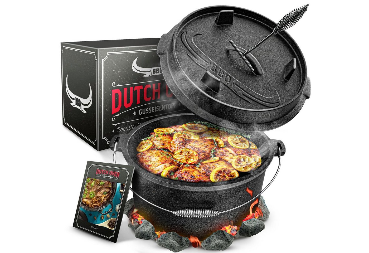 Taste of Fire Feuertopf BBQ Dutch Oven Feuertopf - Gusseisen Set 7L für Grill & Lagerfeuer, Gusseisen, Voreingebrannt inklusive Deckelheber und E-Book