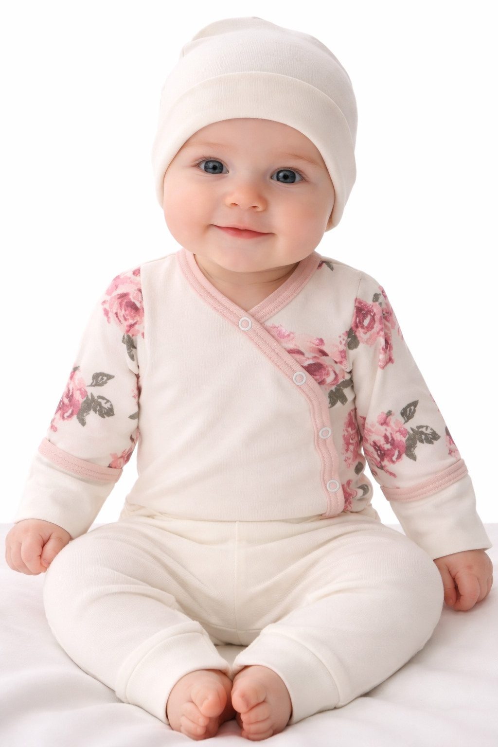 La Bortini Body & Hose Baby Anzug Langarmbody Schlupfhose Mütze Set Erstlingsset (Erstlingsset für Mädchen) aus Baumwolle, mit Blumen Muster, in Creme