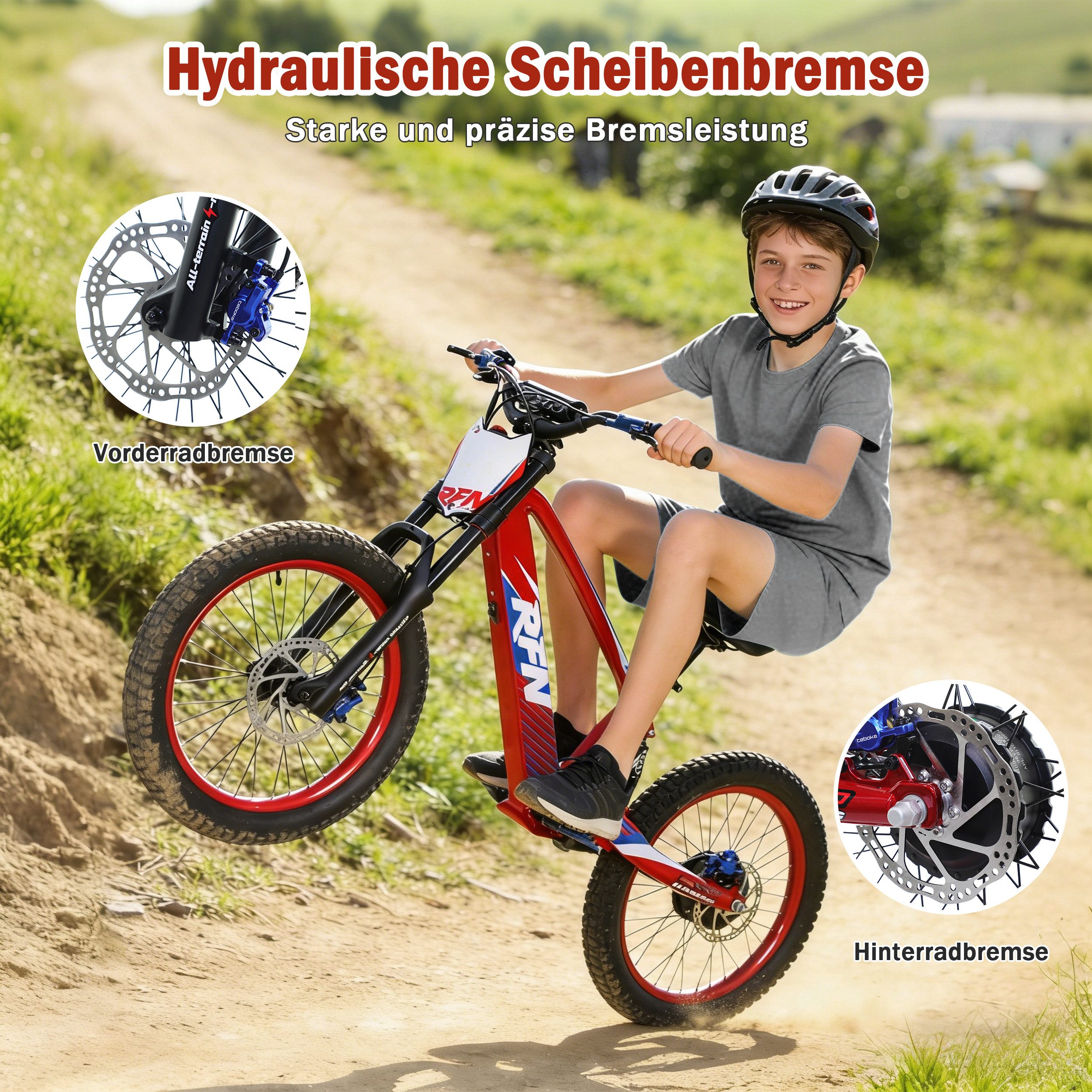 RFN Elektro-Kindermotorrad EVO20 E-Motorrad, 20 Zoll, 750W, Hydraulik-Bremsen, Offroad-Reifen, Belastbarkeit 70 kg, Jugend-Dirtbike für ab 12 Jahre, 35km/h, 36V Akku, 52,5Nm