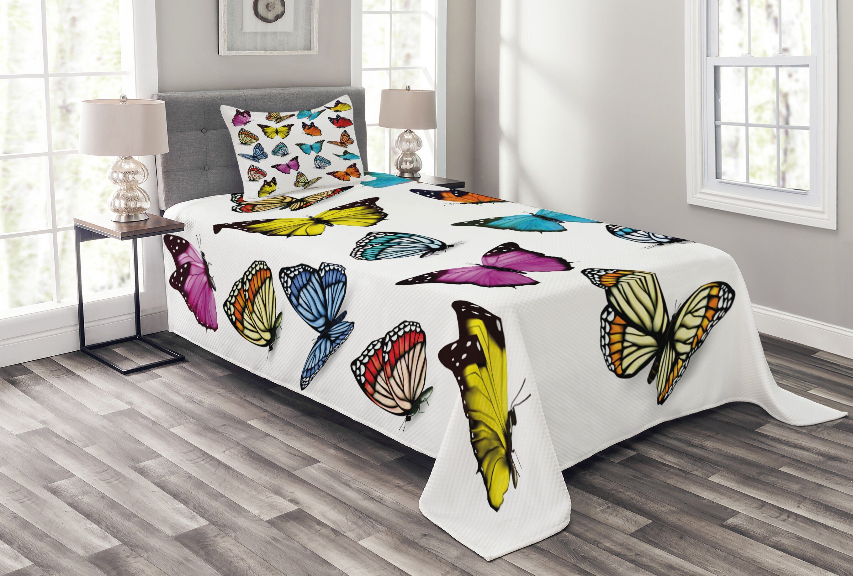 Abakuhaus, Tagesdecke Tier Waschbar, mit Kissenbezügen Set Schmetterlings-Zusammensetzung