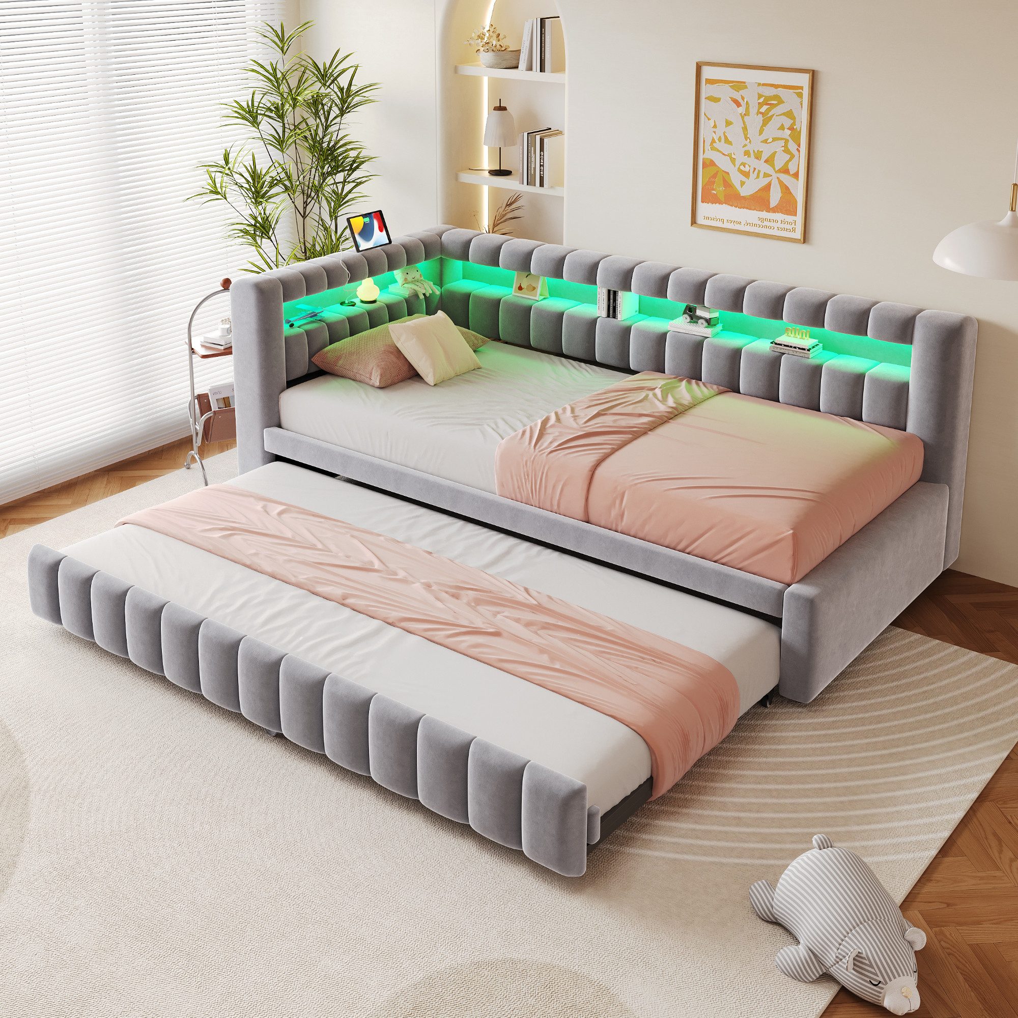 Flieks Daybett, Polsterbett Schlafsofa 90x200cm mit Ausziehbett 90x190cm, LED&Aufladen