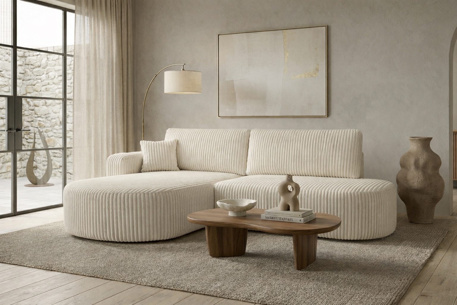 Kaiser Möbel Ecksofa mit Schlaffunktion und Bettkasten, Cordstoff Tilia, ROUND ONE OPEN XL, Abgerundete Form, Cordstoff mit hoher Abriebfestigkeit