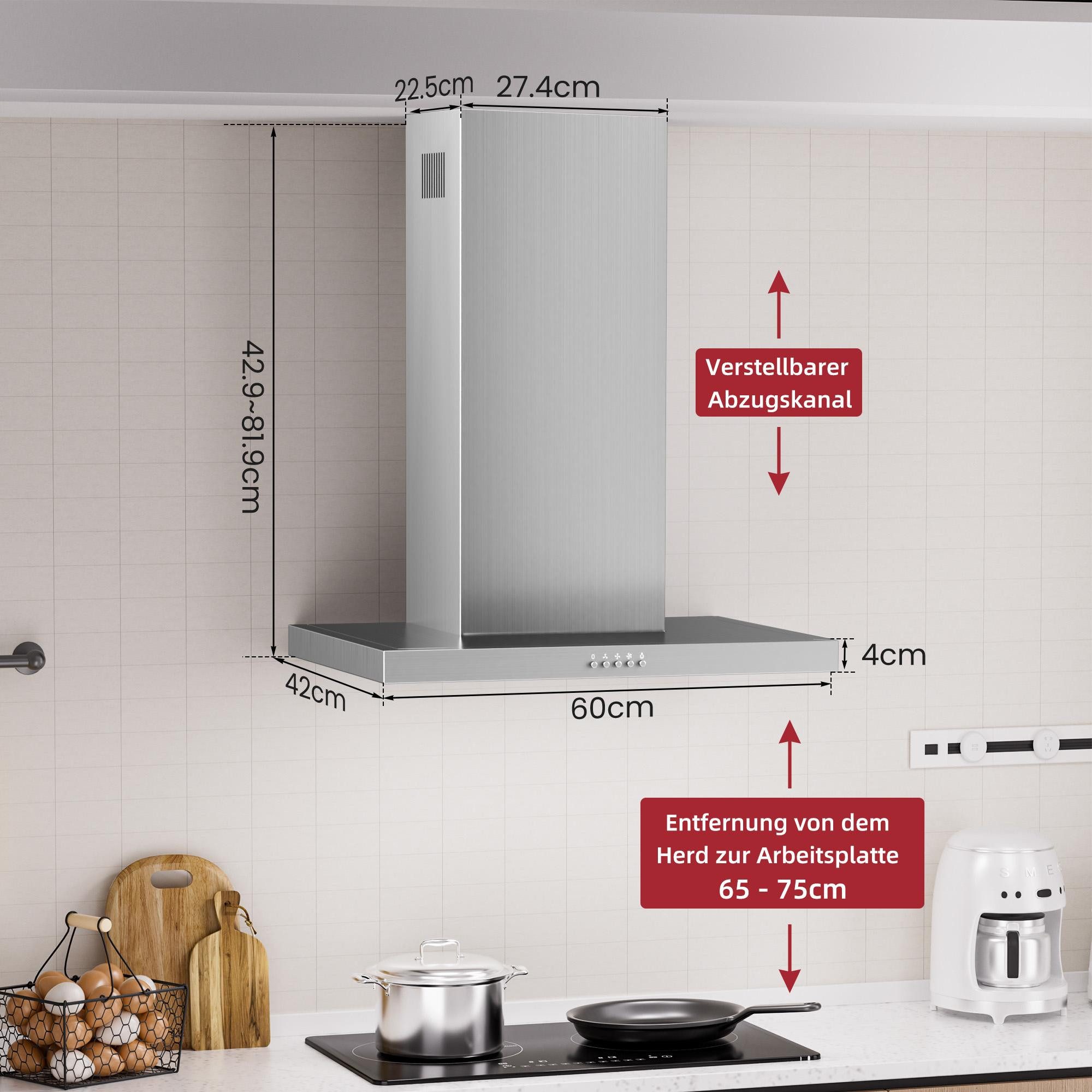 Levivo Wandhaube A++ Dunstabzugshaube 60cm Umluft & Abluft mit 380 m³/h Aktivkohlefiltern, Fettfiltern, LED-Beleuchtung – Bild 5 von 5