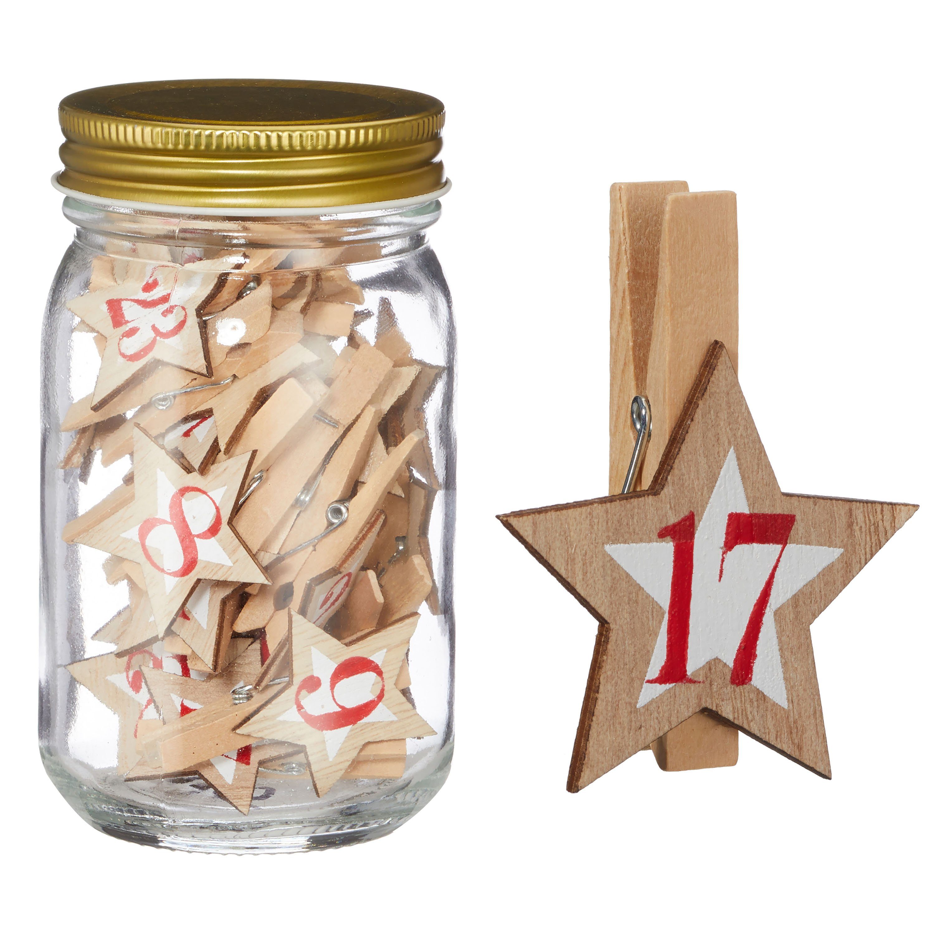 CEPEWA Adventskalender Adventskalender Einmachglas 7,5x13cm Holzklammern mit Holzstern Zahlen