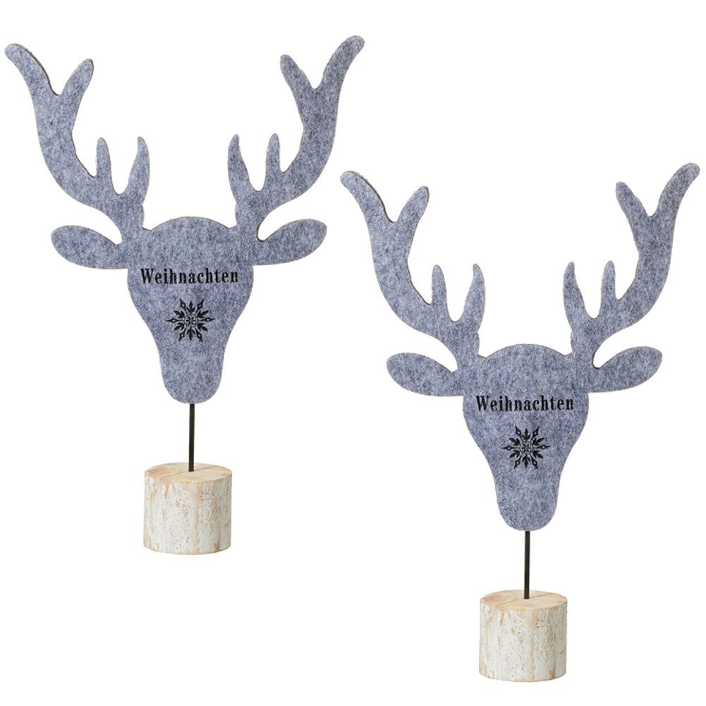 Macosa Home Weihnachtsfigur Weihnachtsdeko Rentier Kopf Filz Holz Grau Tischdeko Fensterdeko (Set, 2 St), Dekorentier, Rentierkopf, Skulptur, Herbst, Dekofigur