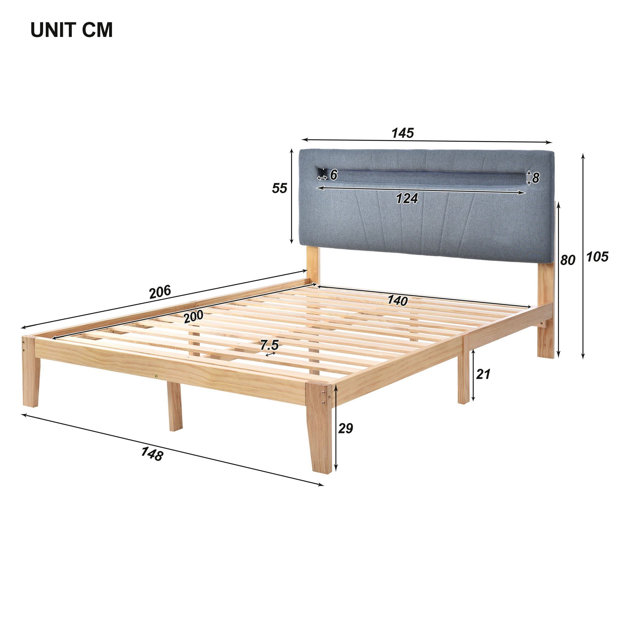 Massivholzbett (Doppelbett Jugendbett), mit LED-Beleuchtung & Polsterkopfteil, 140x200cm