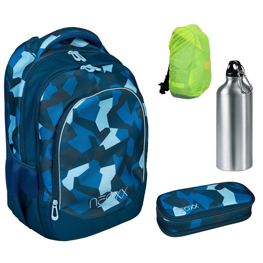 neoxx Schulrucksack Modell "Fly" in blau camouflage mit Tarnmuster, ab der 3. Klasse (Set, 4-tlg., inkl. Schlamper, Alu-Trinkflasche und Regenschutz-Hülle), ergonomisch; gepolstert; leicht; 27L Volumen