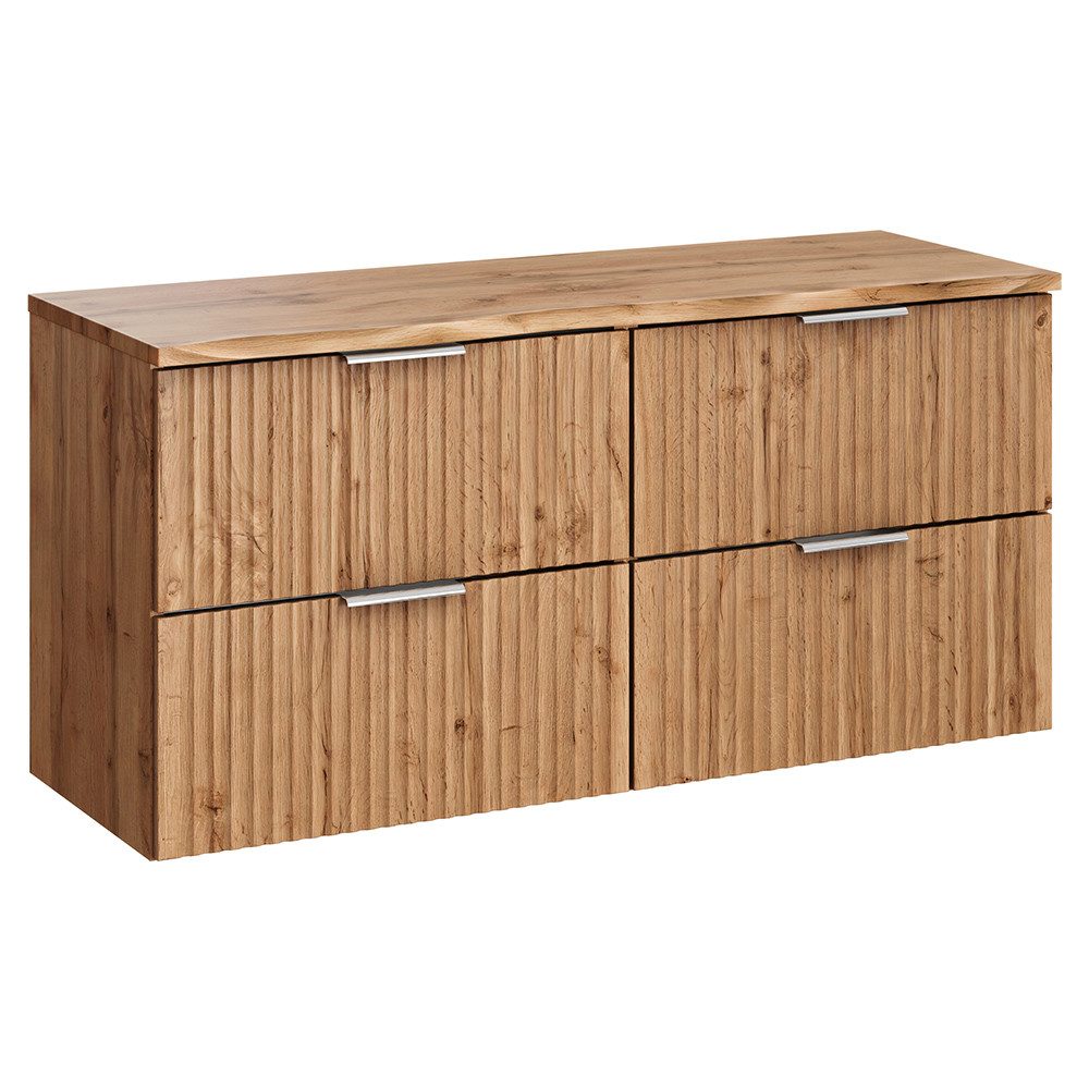 Lomadox Waschbeckenschrank ADELAIDE-56 120 cm breit in Eiche, gerillte Front, Baumkantenoptik