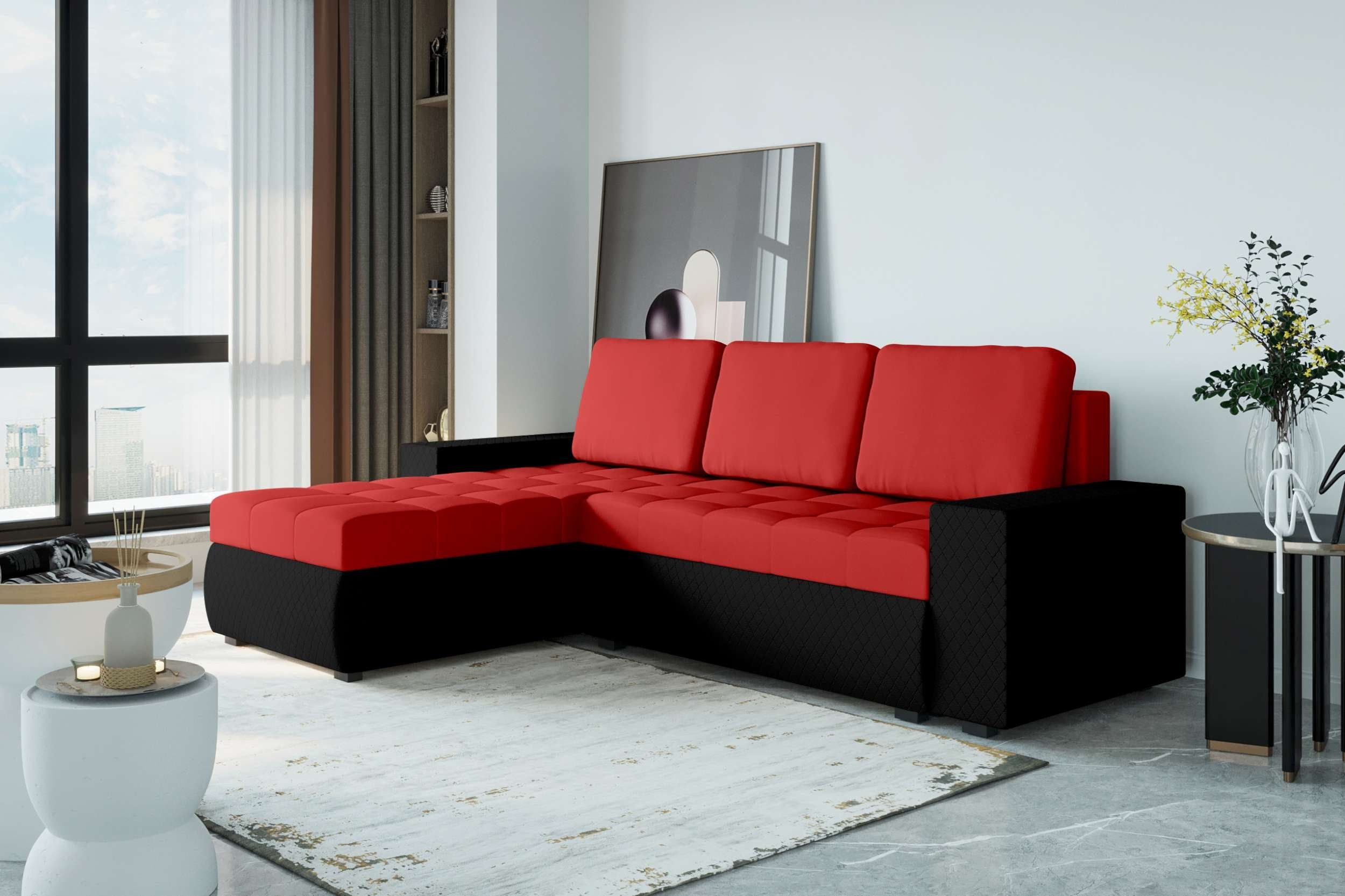 mit mit Bettfunktion, Sofa, Stylefy Modern Miranda, Sitzkomfort, Eckcouch, L-Form, Bettkasten, Ecksofa Design