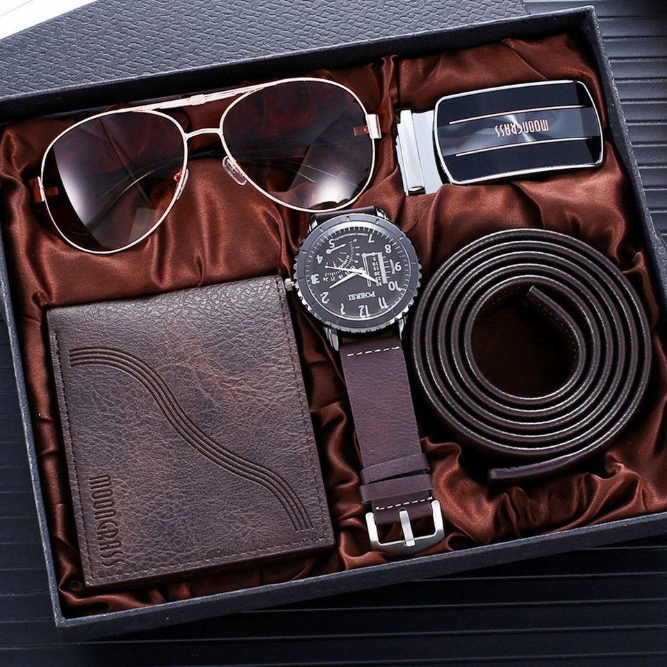 KUGI Geldbörse 4PCS Geschenk für Männer Herrenuhr Sonnenbrillen Gürtel Set,  Herren Geschenkbox Sets,mit Ledergürtel Wallet Watch Gläsern