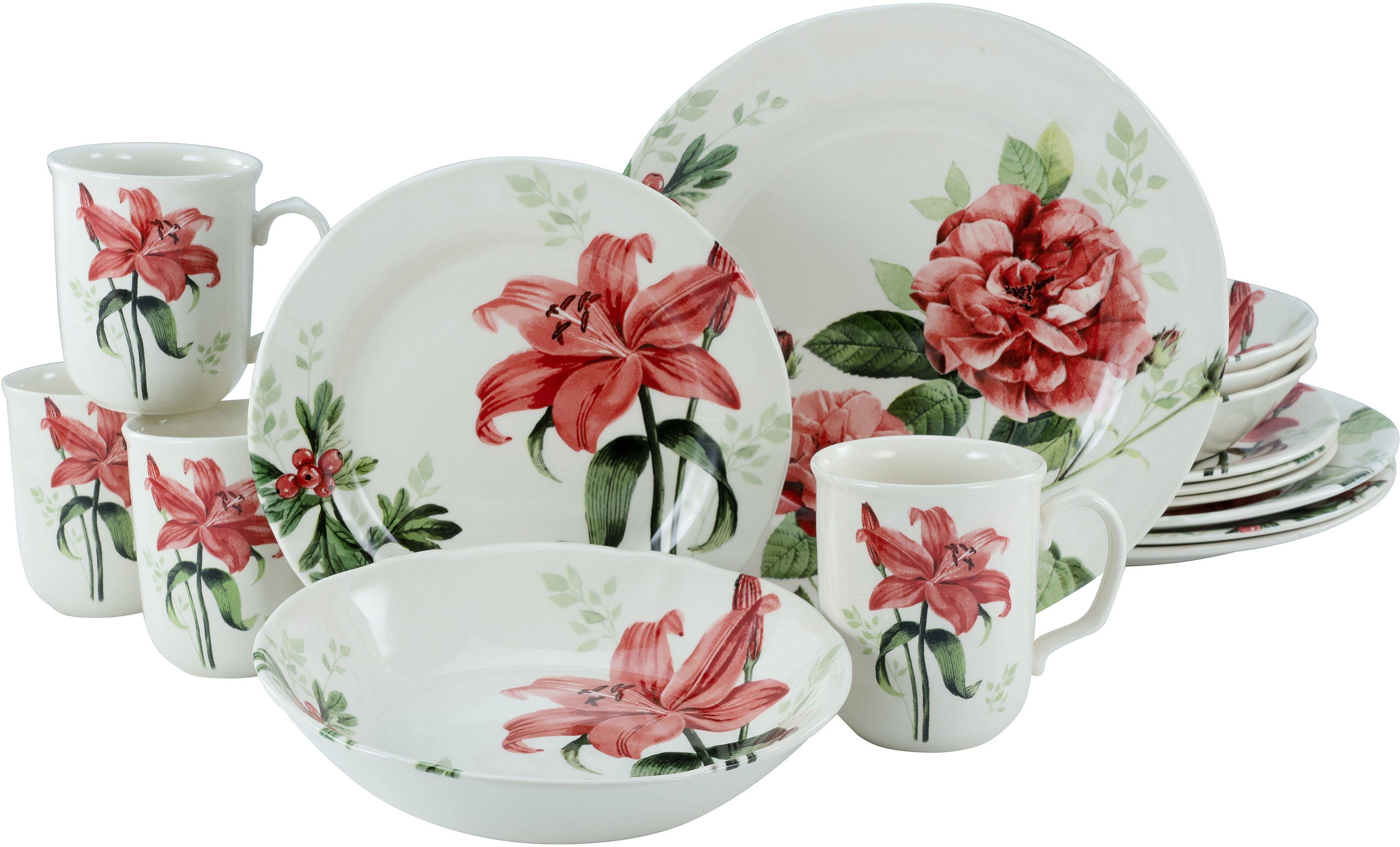 CreaTable Kombiservice Geschirr-Set Rosemary (16-tlg), 4 Personen, Steingut, Service, Rosen/Blumendekor, 16 Teile, für 4 Personen