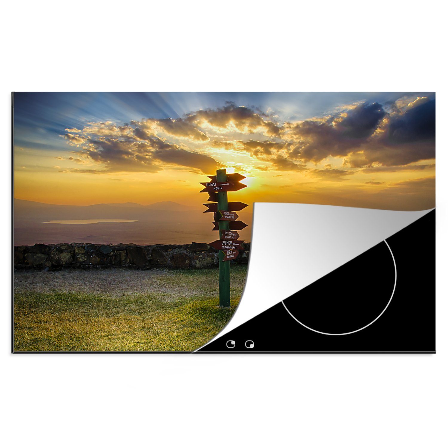 MuchoWow Herdblende-/Abdeckplatte Einzigartiges Schild mit Pfeilen im Ngorongoro-Krater, Vinyl, (1 tlg), 81x52 cm, Induktionskochfeld Schutz für die küche, Ceranfeldabdeckung