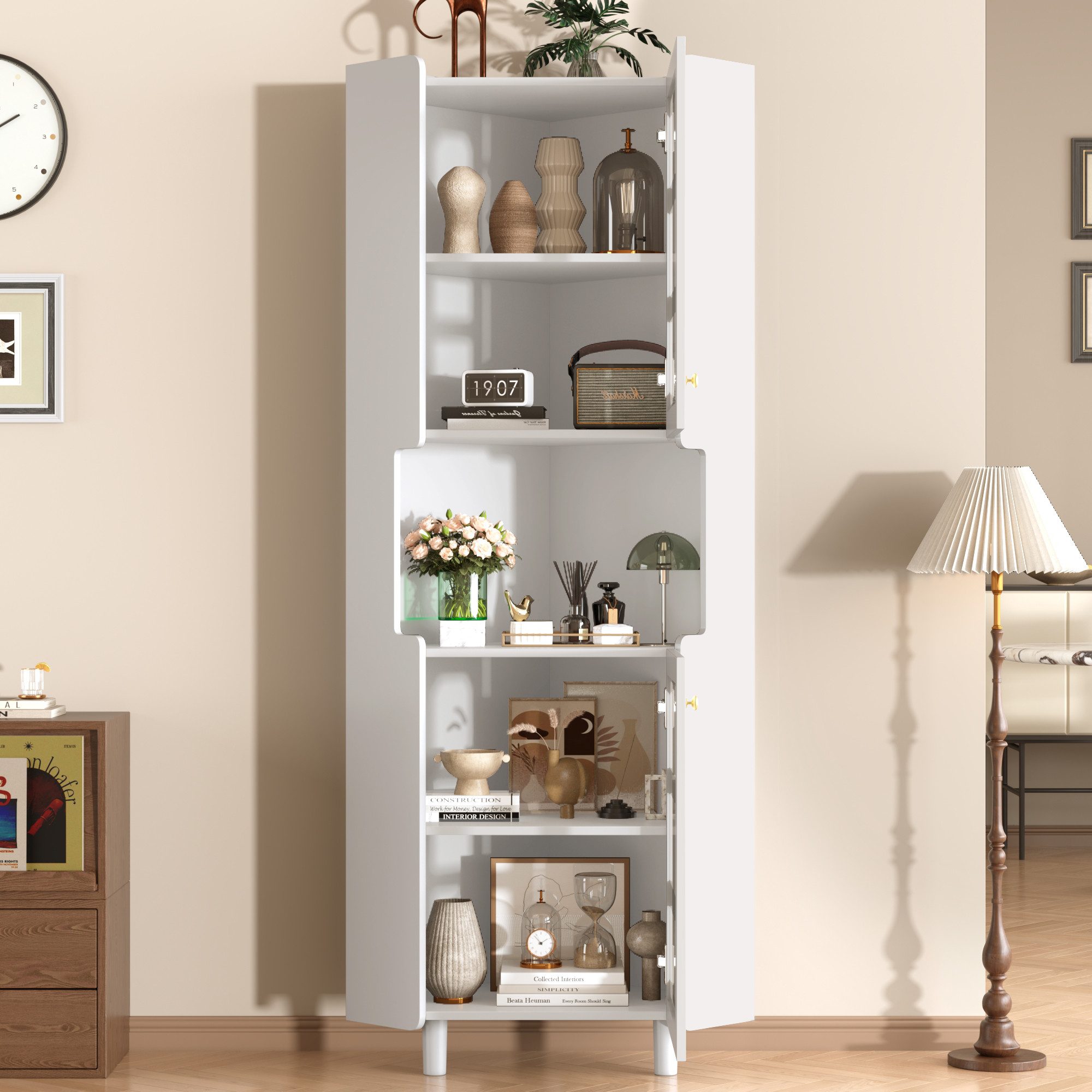 Celya Eckvitrine Eck-Schrank mit Lackschicht & LED-Beleuchtung (MDF-Platte mit weißer Lackoberfläche, für Wohnzimmer, Bücherregal, Badezimmer, Schlafzimmer, Esszimmer) Multifunktionale Ecken-Kommode