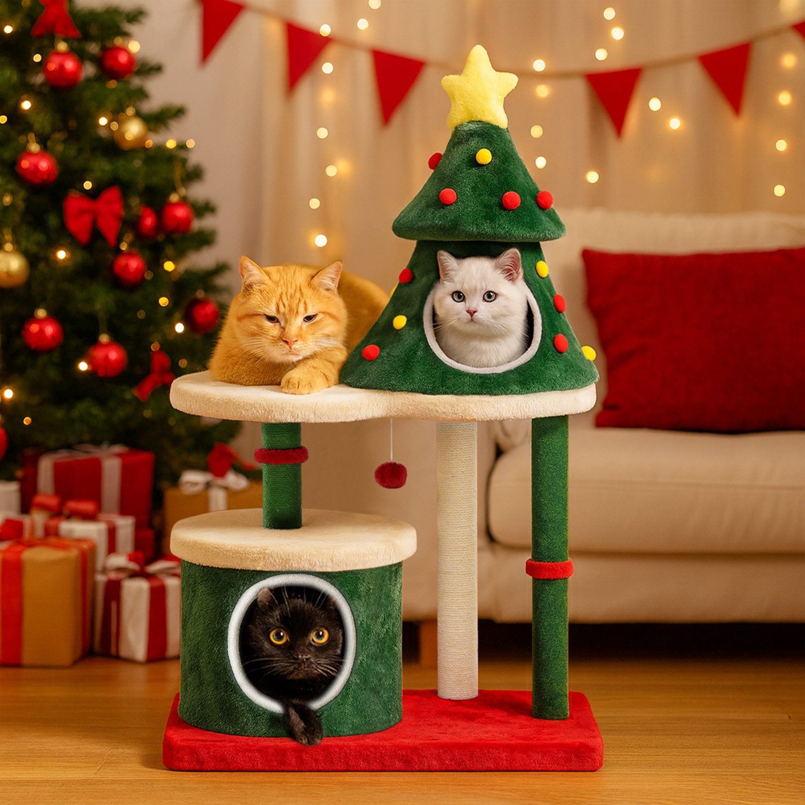 COMHOMA Kratzbaum im Weihnachtsbaum-Design 123cm, stabiler Katzenbaum Katzenturm, mit Kratzsäulen, mehrstöckiges Katzenhaus mit Plattformen & Spielball