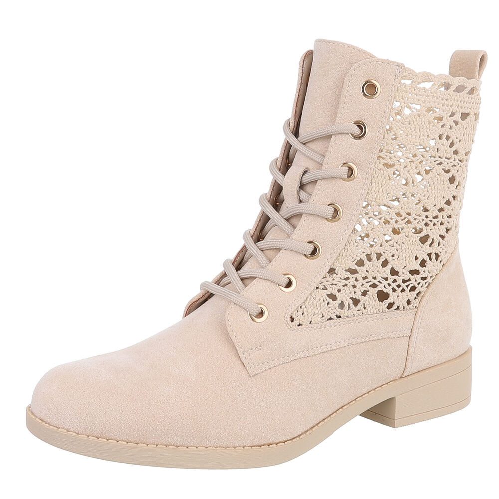 Ital-Design Damen Schnürstiefelette mit Häkel-Details für Alltag und Freizeit Sommerboots (91154517) Blockabsatz Schnürstiefeletten in Beige