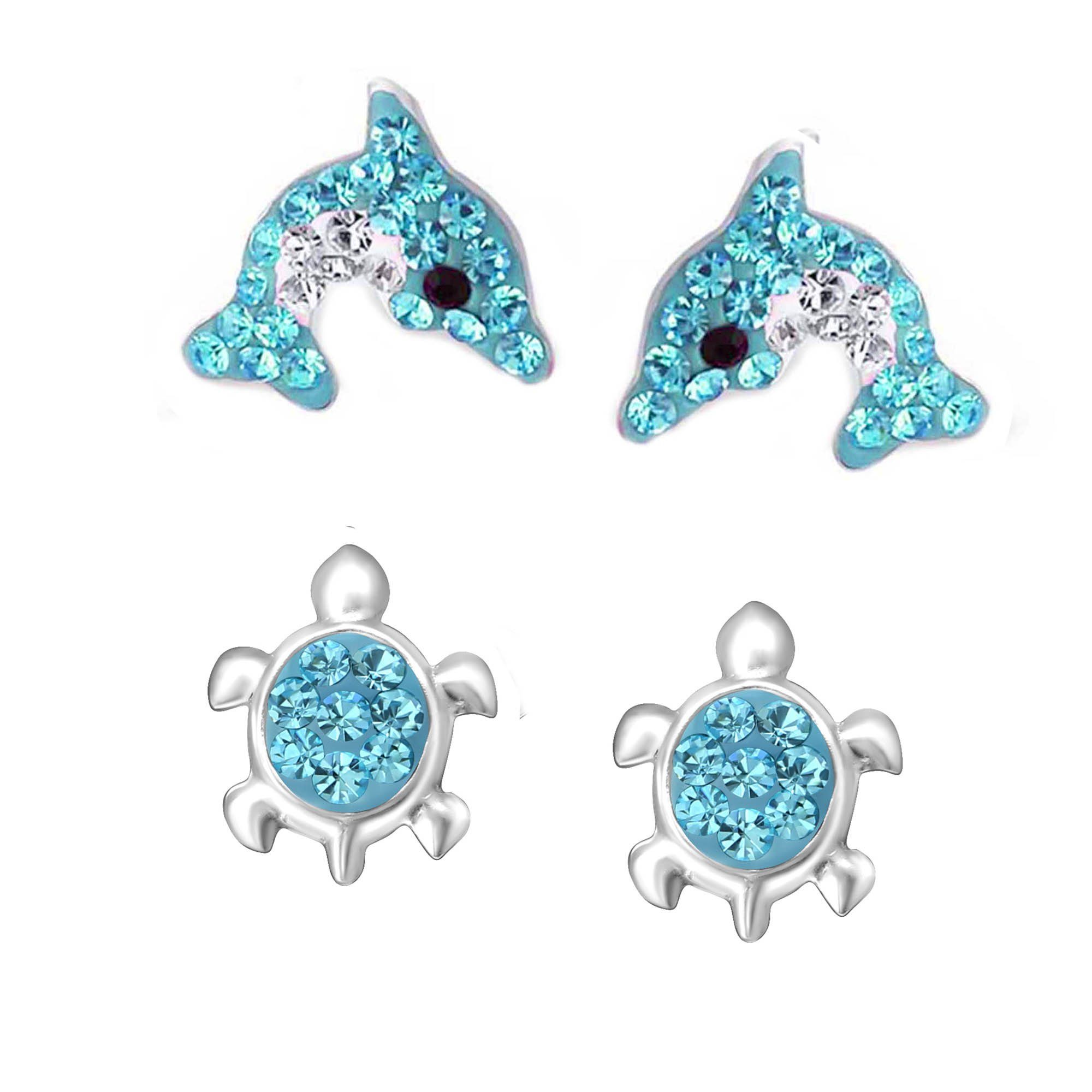 schmuck23 Paar Ohrstecker 2 Paar Kinder Ohrringe Delfin Schildkröte 925 Silber Mädchen (Set, 2 aus Paar Ohrringen), Mädchen Kinderschmuck echte Silberohrringe Blau