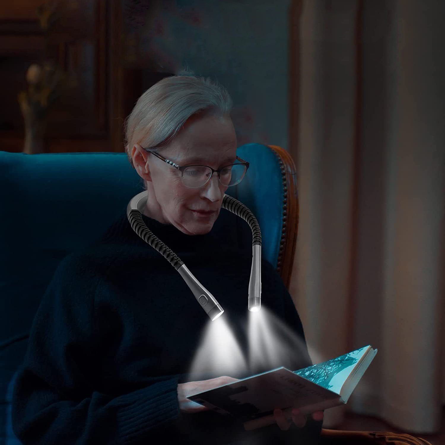 KINSI Klemmleuchten Hals Leselampe Buch, 3 Helligkeitsstufen und 3 Farben,schwarz/grau, LED fest integriert, Lichtfarbe: kaltweiß, warmweiß, gelb