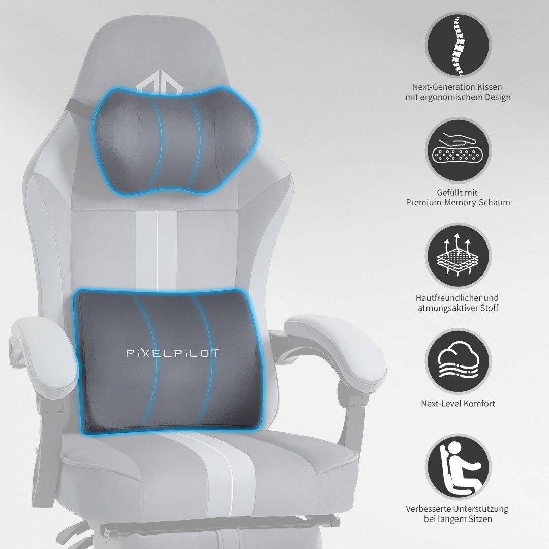 PixelPilot Gaming Chair PixelPilot Ergonomischer Gaming-Stuhl mit Fußstütze, breite Sitzfläche, Atmungsaktiver Stoff, Ergonomisches Design