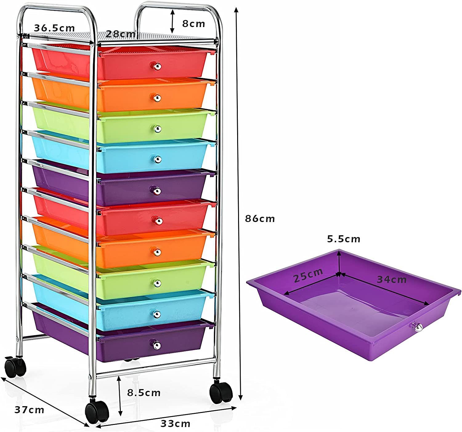 Rollwagen KOMFOTTEU Schubladen, 10 mit mit Bunt Rollregal, Rollen