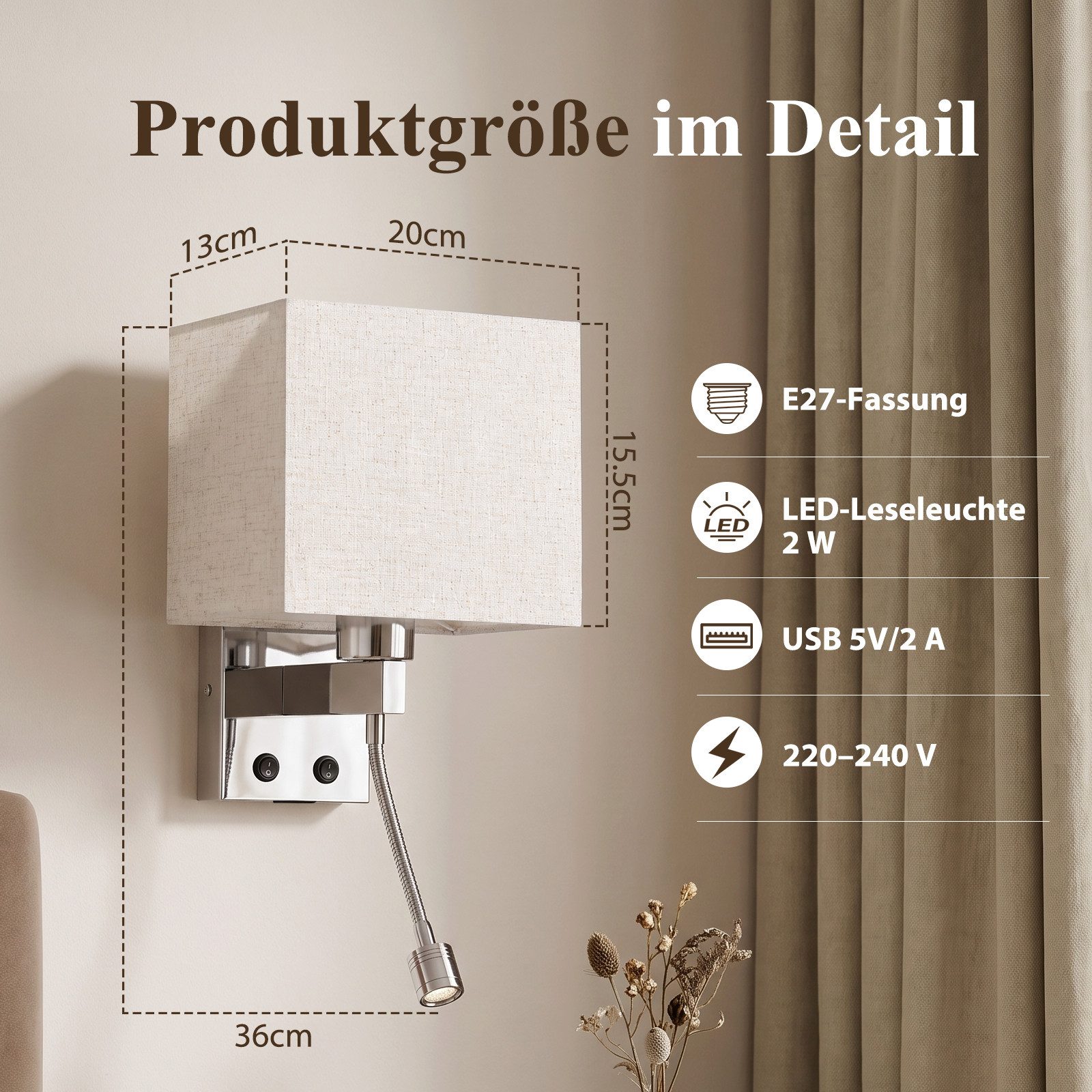 Nettlife Wandleuchte innen Schalter Moderne Wandlampe E27 Stoffschirm, ohne Leuchtmittel, USB-Ladeanschluss 2W Leselampe Stoffschirm für Schlafzimmer Hotel Flur