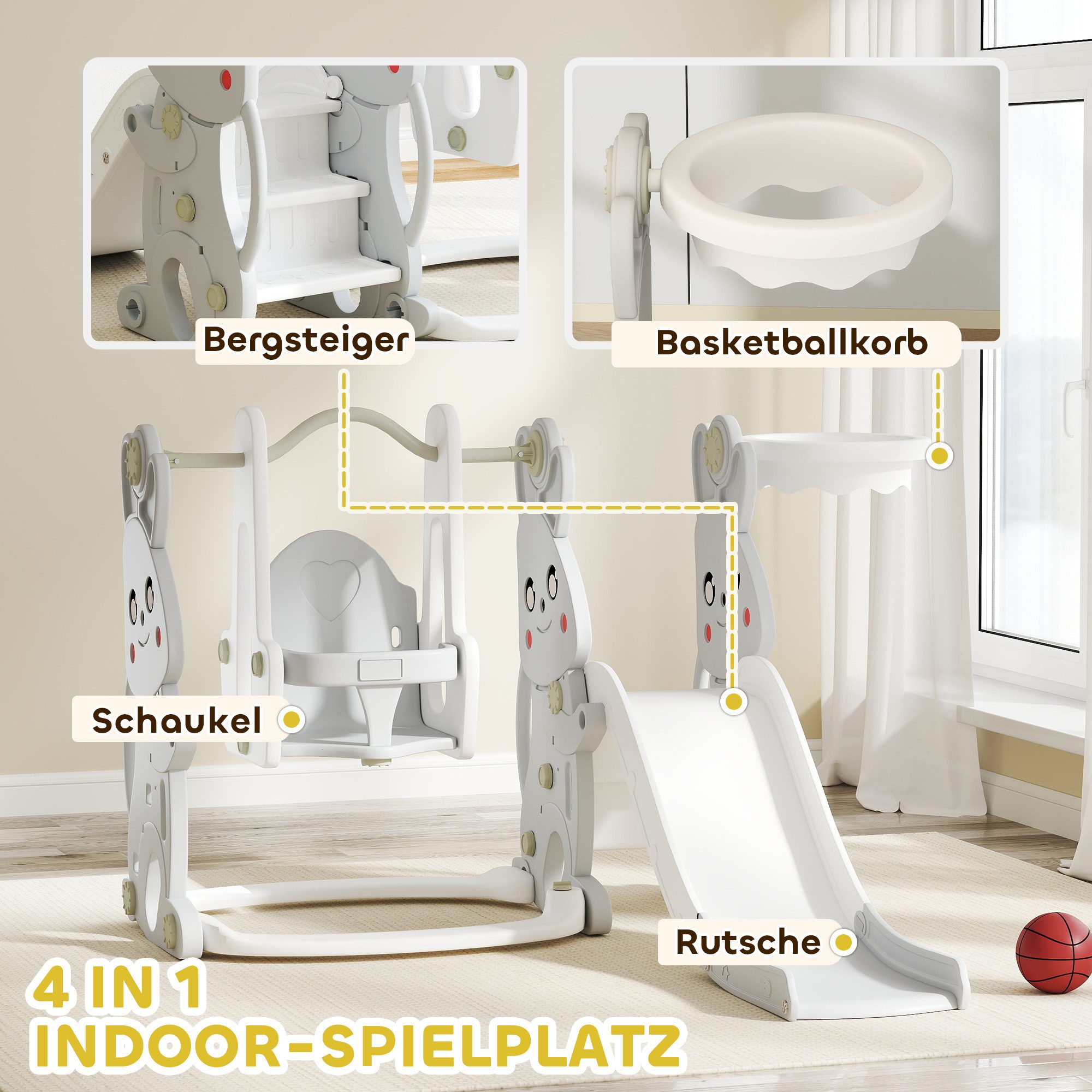 AIYAPLAY Rutsche 4-in-1 Kinderrutsche mit Schaukel Klettergerüst Basketballkorb, (Kleinkinderrutsche, 1-tlg., Kinder Spielplatz), für Indoor und Outdoor, Grau – Bild 4 von 5