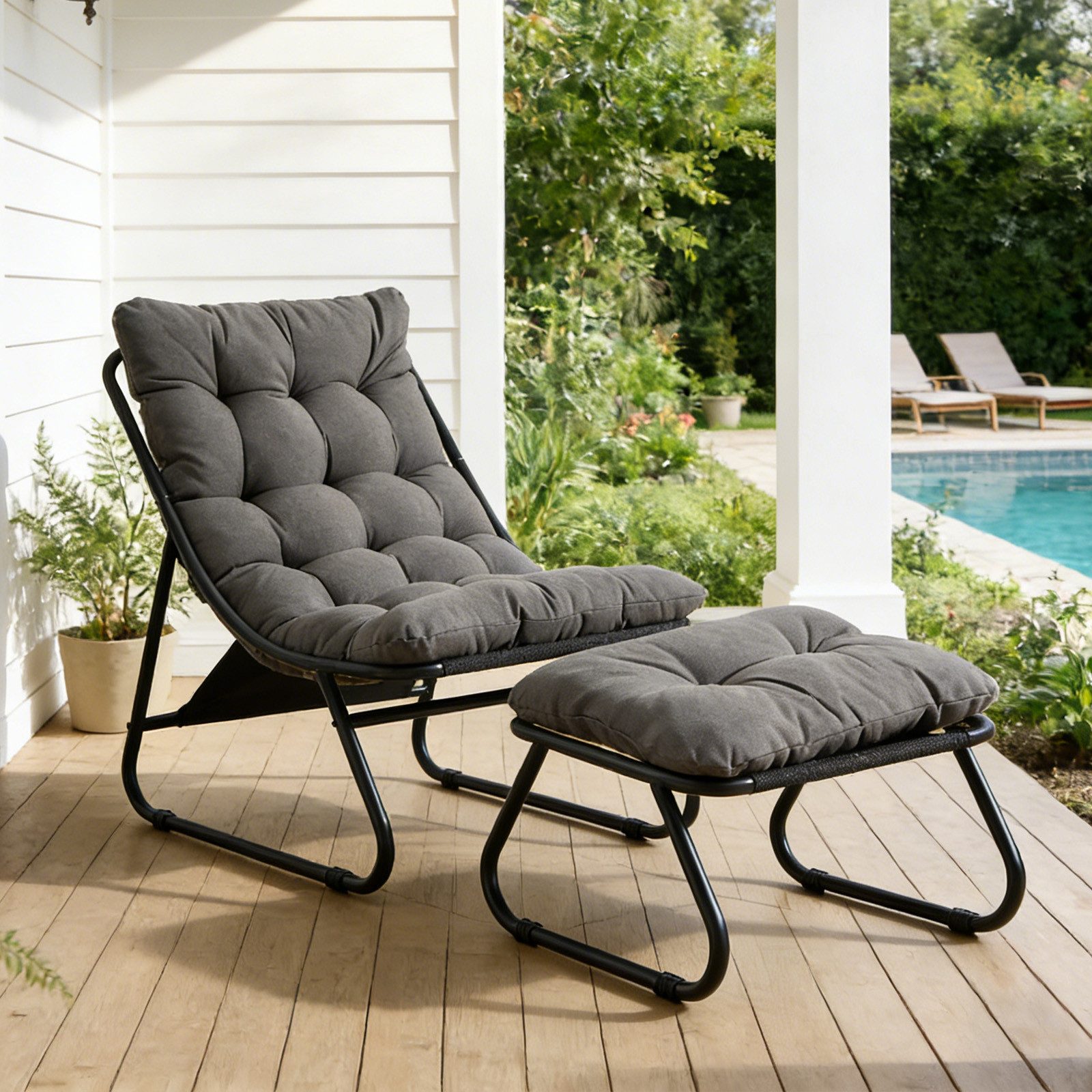 LVHOM Loungesessel mit Hocker, wasserdichtem Stahlrahmen, ergonomisch, für In-/Outdoor (Relaxsessel, bequeme Sitzfläche, Hocker als temporärer Sitz/Schuhwechselbank, rutschfestes Design, rostfreier Metallrahmen, Tragfähigkeit 130 kg), für Garten, Balkon, Wohnzimmer, Schlafzimmer, Arbeitszimmer, Innenhöfe