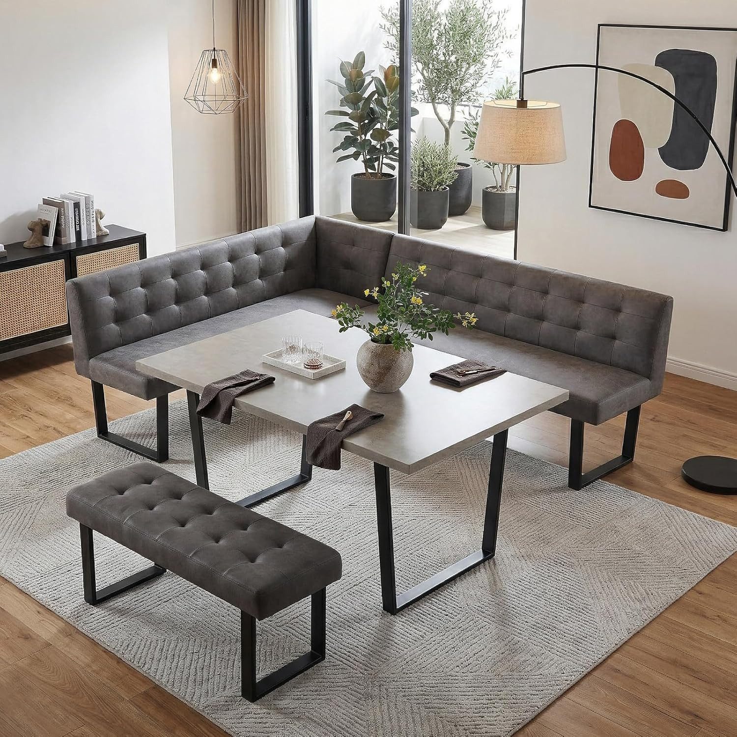 Jiexi Eckbank Ecksofa mit ausziehbarem Esstisch und Bank 228cm dickes Sitzkissen