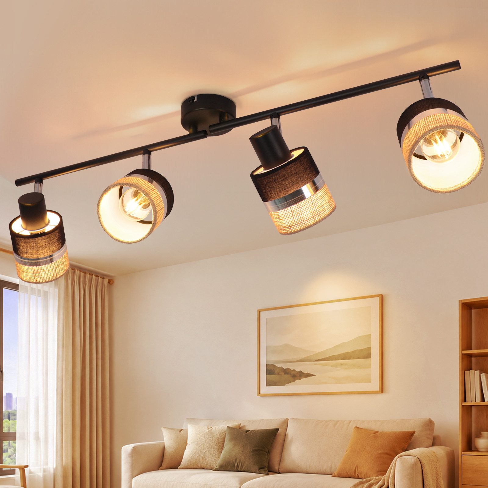 Nettlife Deckenstrahler 1/2/3/4 flammig E14 Schwarz Vintage Deckenspot aus Metall Stoff, ohne Leuchtmittel, schwenkbar 350°, Deckenleuchte Retro für Flur, Küche, Wohnzimmer