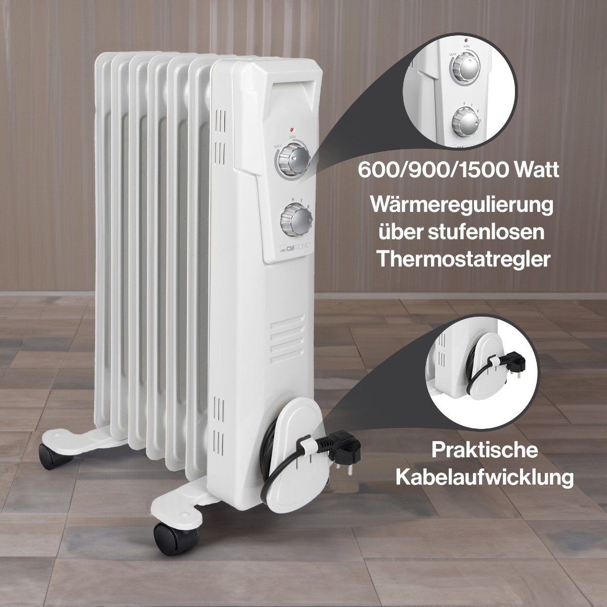 CLATRONIC Ölradiator RA 3735, mit 3 Leistungsstufen, Slimline, 1500 Watt