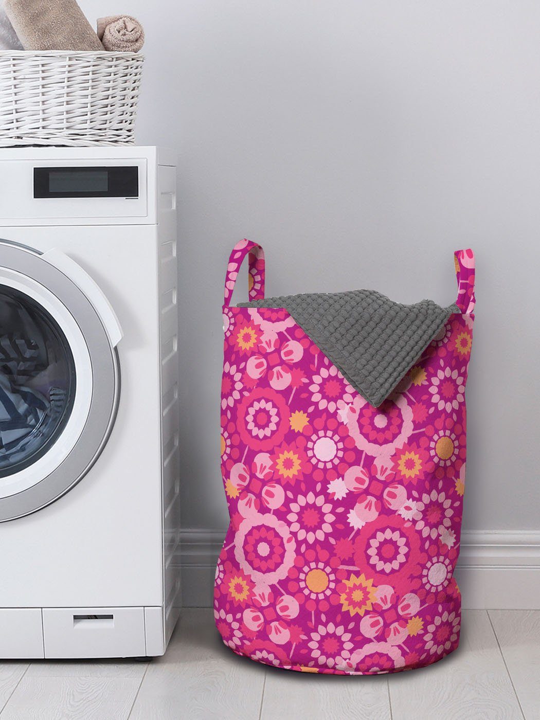 Abakuhaus Wäschesäckchen Wäschekorb Kordelzugverschluss Retro-Art-Art im Waschsalons, Blüht für Blühen mit Griffen
