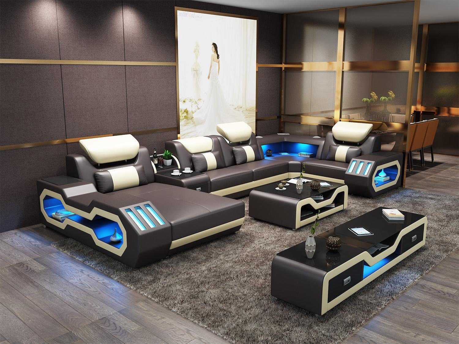 JVmoebel Wohnlandschaft U-förmiges Ledersofa in Schwarz mit orangefarbenen Akzenten, Made in Europa