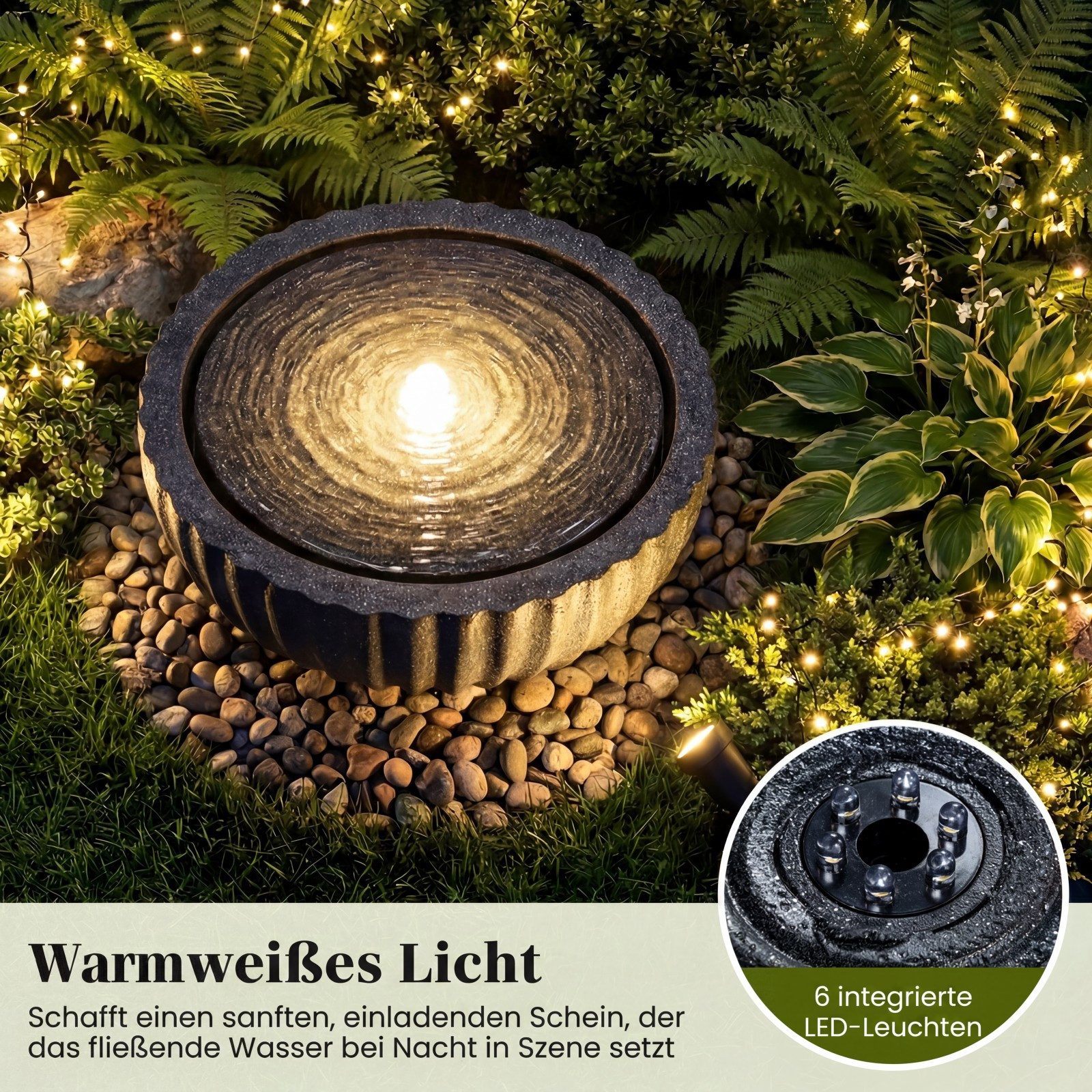 COSTWAY Zimmerbrunnen, runder, mit LED Beleuchtung, Steinoptik-Finish und Pumpe