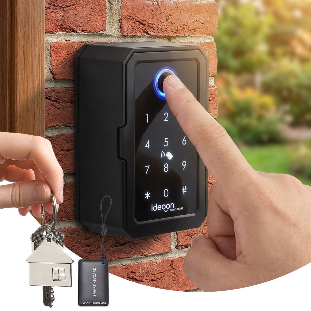 shop'n smile ideoon Schlüsseltresor Smarter Schlüssel-Safe mit Fingerabdruck, PIN, Transponder-Karte, Notstromversorgung, Metall-Gehäuse, IP54