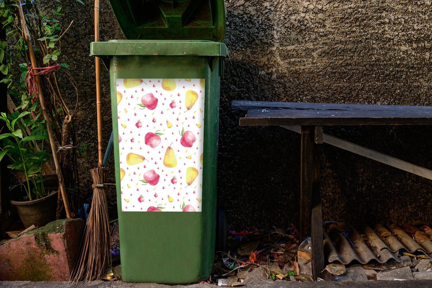 MuchoWow St), Sticker, Abfalbehälter (1 Muster Mülleimer-aufkleber, Container, Obst - Wandsticker Mülltonne, - Aquarell