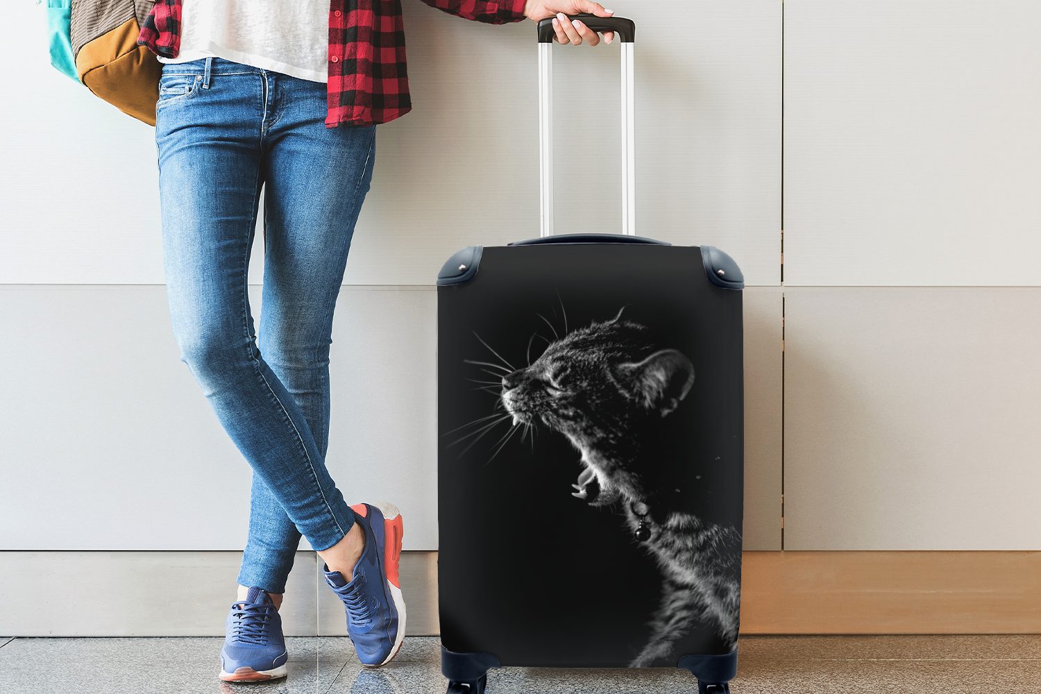 MuchoWow Handgepäckkoffer Katze - Ferien, Tiere mit Trolley, Handgepäck Schwarz rollen, 4 Reisetasche - Reisekoffer Rollen, für Weiß, 