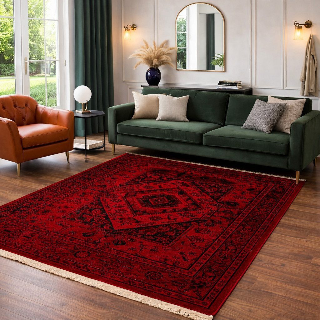 Vimoda Orientteppich ROYAL, in modern Rot mit eleganten Fransen luxuriös, ca. 2500 g/m², rechteckig, Höhe: 10 mm, weich, pflegeleicht, orientalisches Muster, für Wohnzimmer & Flur